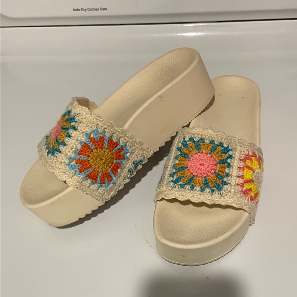 Colorful crochet chunky wedge slide sandals